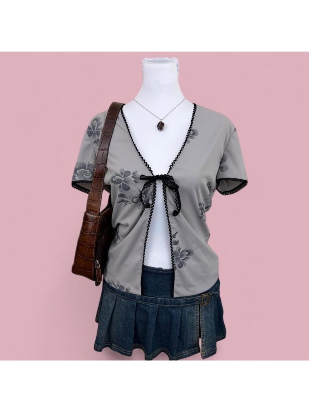 gray floral whimsygoth tie front lightweight jacket top